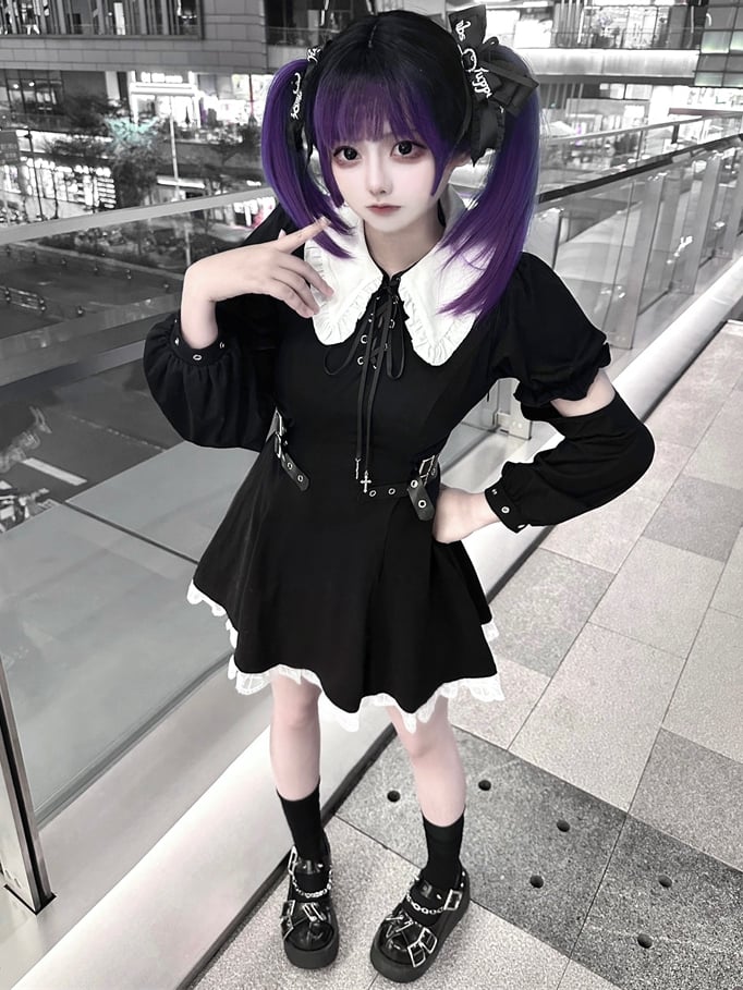 Robe noire Jirai Kei à manches détachables et bretelles à boucle à la taille, style mines terrestres