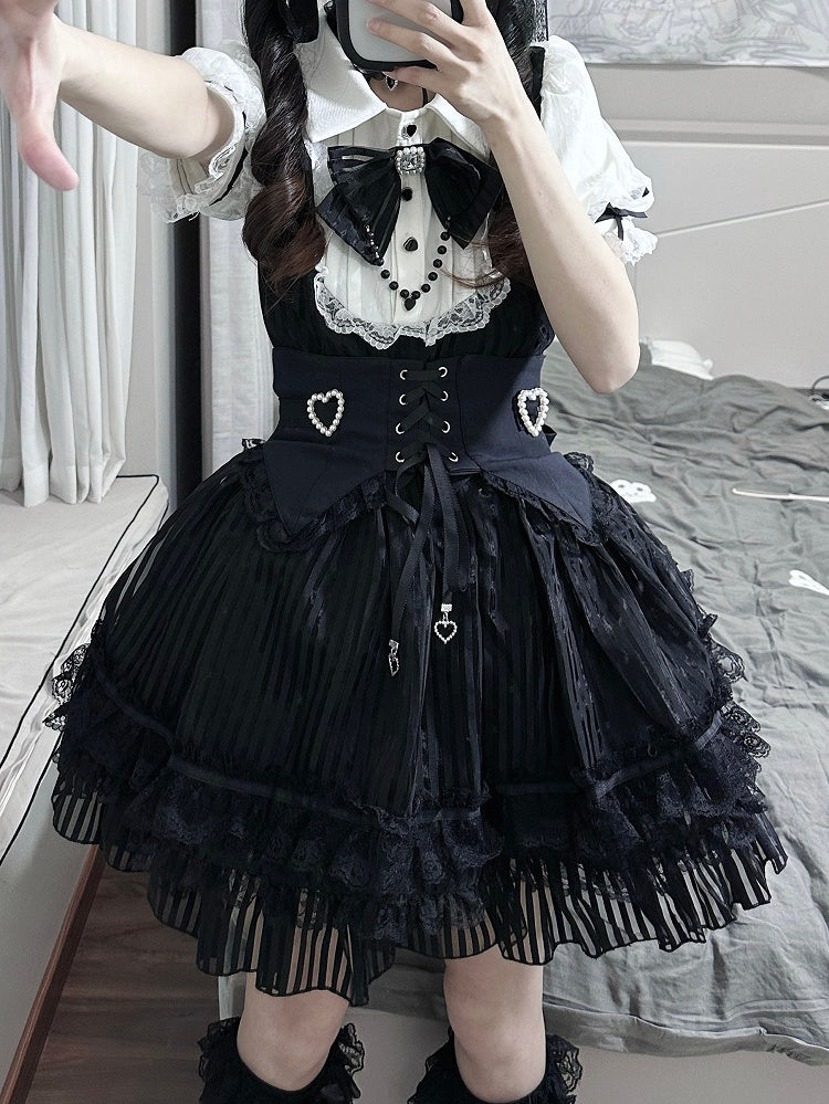 Belt Corset Stripes Skirt Waist Puffy Dress Layered Black Jirai Kei White and Lace-up with Three High