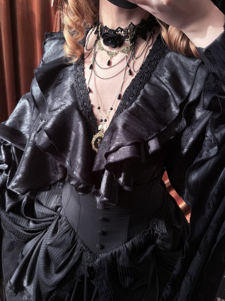 Black Structured Ruffles V-neck Gothic Lolita Long Sleeves Shirt