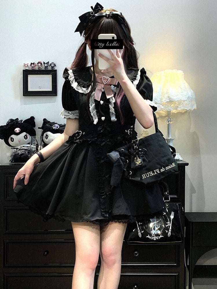 Trim Lace Shorts Dress With Blue/White/Pink/Black Kei Bowknot Details Jirai Overall