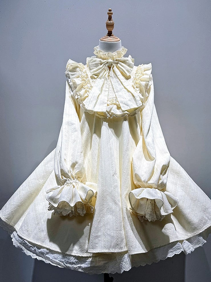 High Dress Bow Ruffled Sleeves Big Long Beige Sweet Cotton Lolita Neck