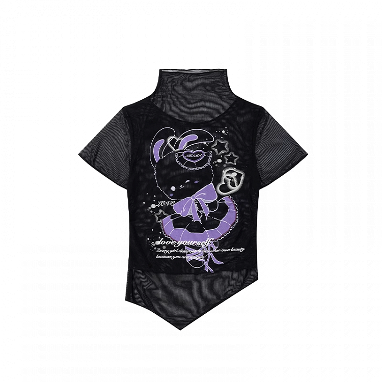 T-shirt Black Mock Neck Mesh Y2K Cute Bunny Print Curved Hem