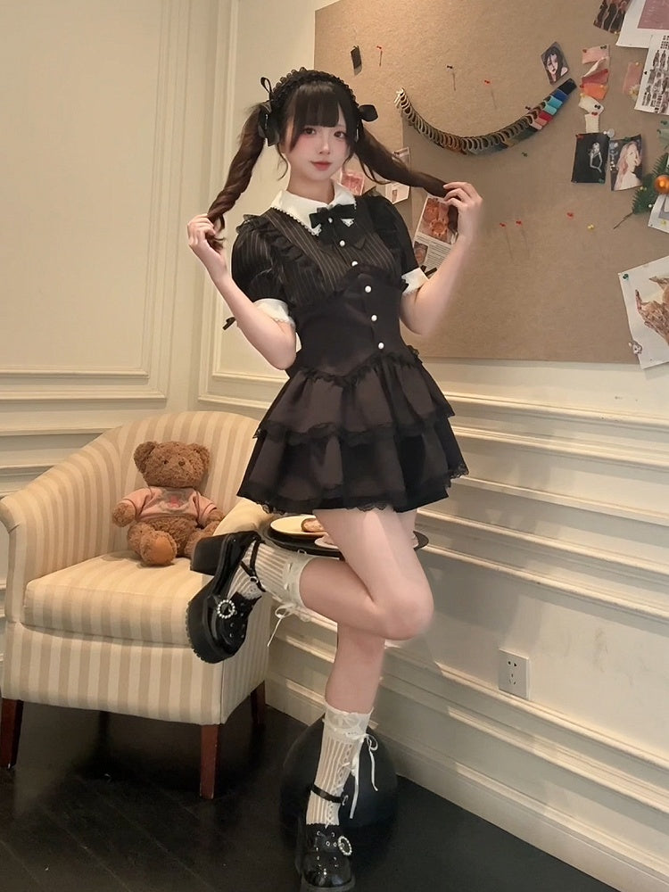 Shorts Faux Two-pieces and Dress Layered Kei Skirt Lace Black Jirai Striped Set- Trim