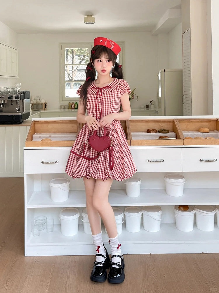 Skirt Plaid Sleeves Bubble Red Peter Pan Collar Puff Dress