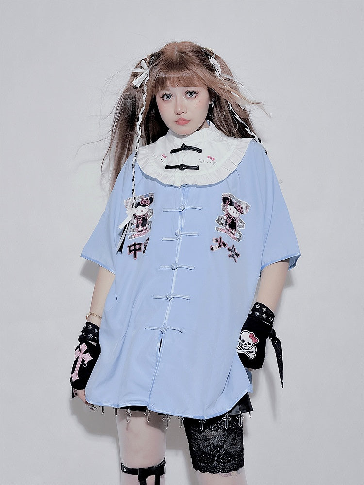 Haut Jirai Kei noir/bleu à manches courtes et col à bande Kitty