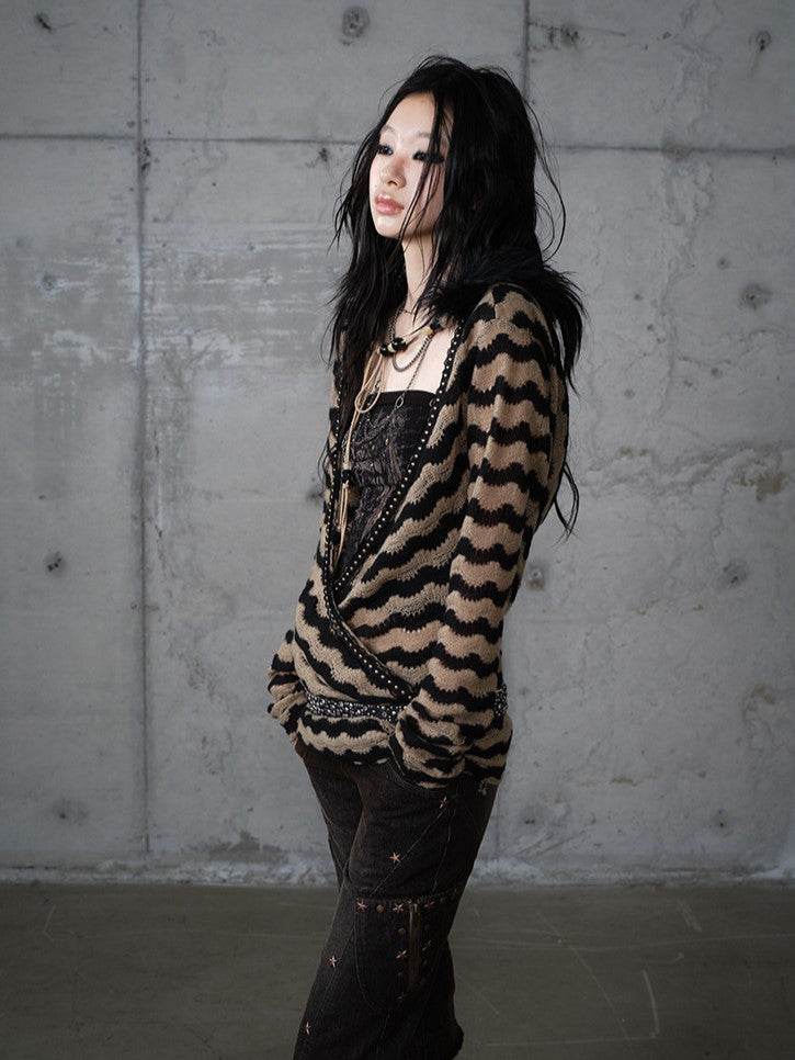 Bustier Set Top Brown Knit Striped Deconstructed Wing Black Print