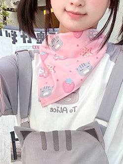 Print Pink Strawberry Cute Cat and Square Scarf