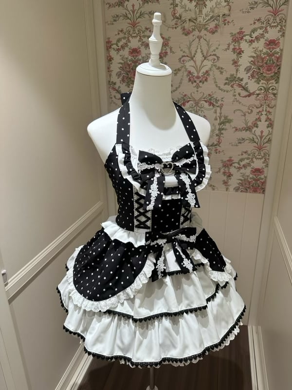 Black and White Polka Dot Elegant Halter Neck Dress / Black Peter Pan Collar Semi-Sheer Tulle Blouse