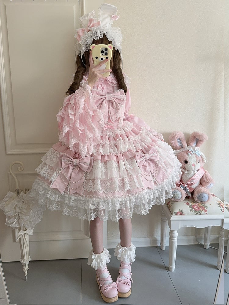 Big Bead Pink Skirt Bows Chain Dress Tiered Hanayome Lolita Decoration