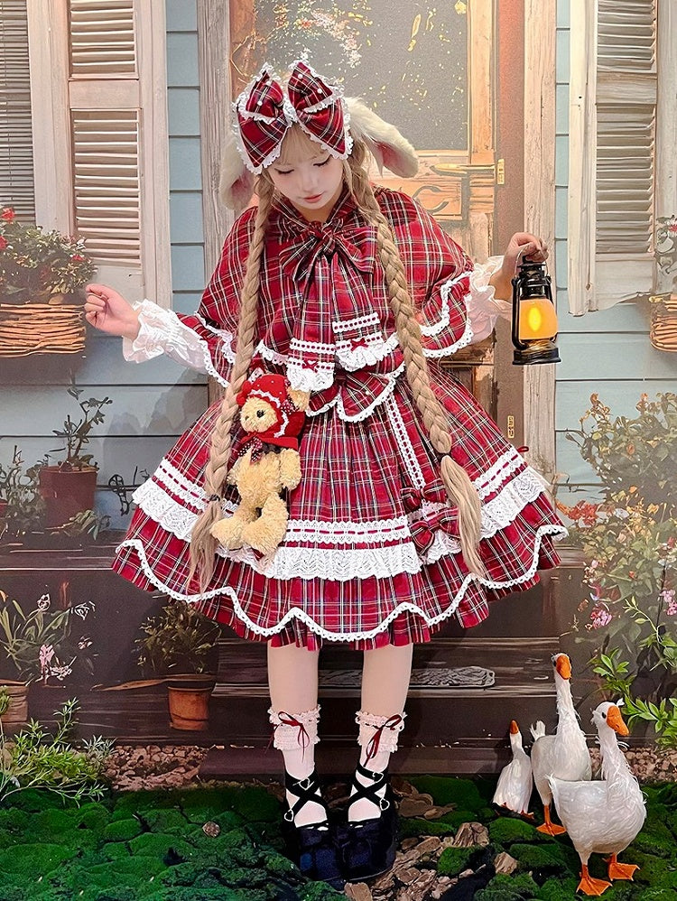 and Plaid Bunny Ears Red Cape Hooded with Petal-like Trim