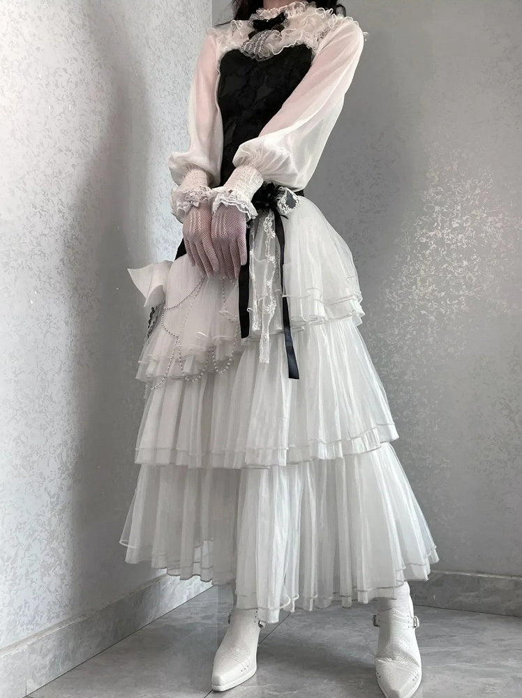 Classic JSK Elegant Layered Full Tulle Slim Bodice Jacquard Hem White Lolita Black Fit Floral Set