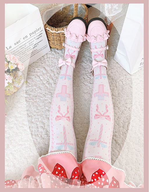 Black/Pink/Blue Sweet Lolita Cross and Bowknot Print Overknee Stockings