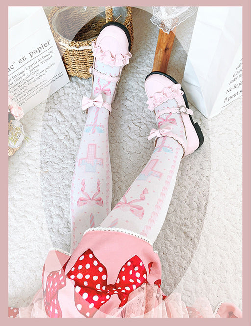 Black/Pink/Blue Sweet Lolita Cross and Bowknot Print Overknee Stockings