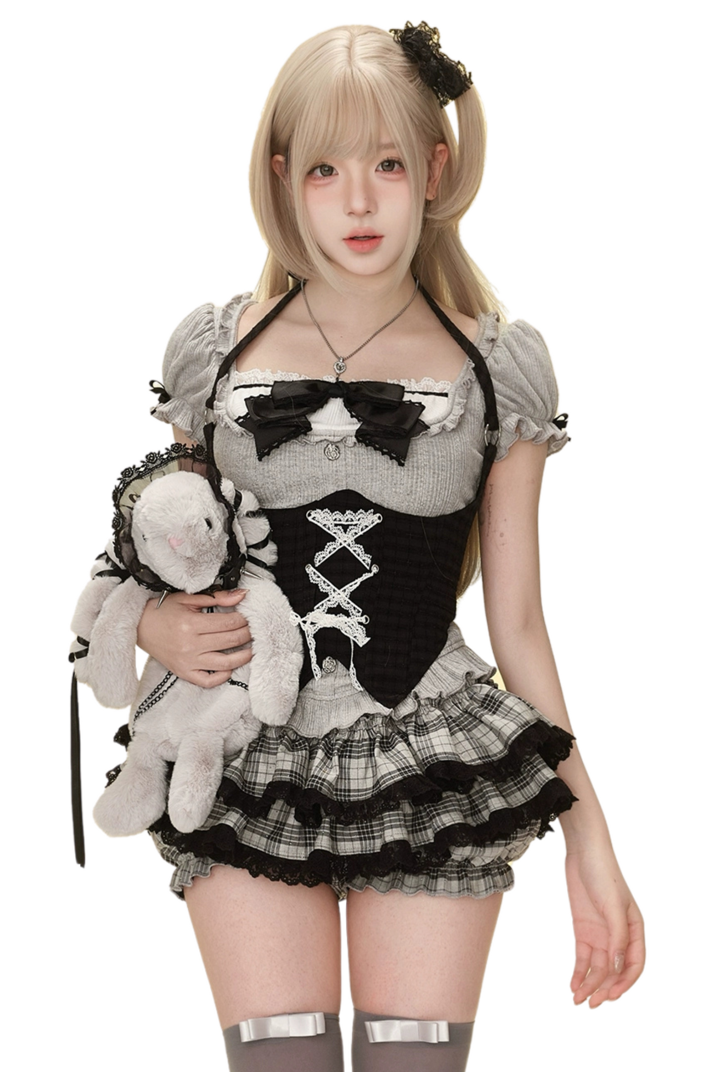 Skirt Secret Cake Belt Plaid Language + Black Top Moonlight Waist