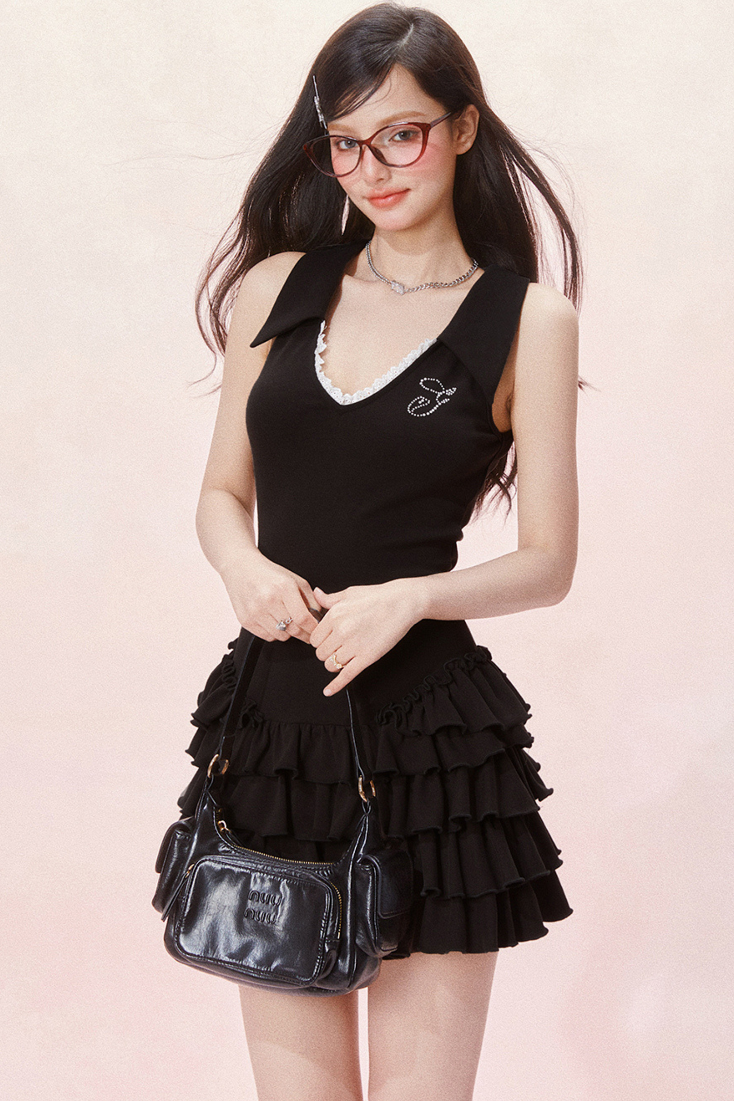 Slim Cake Dress Fit Sleeveless Chic Ruffle V-Neck