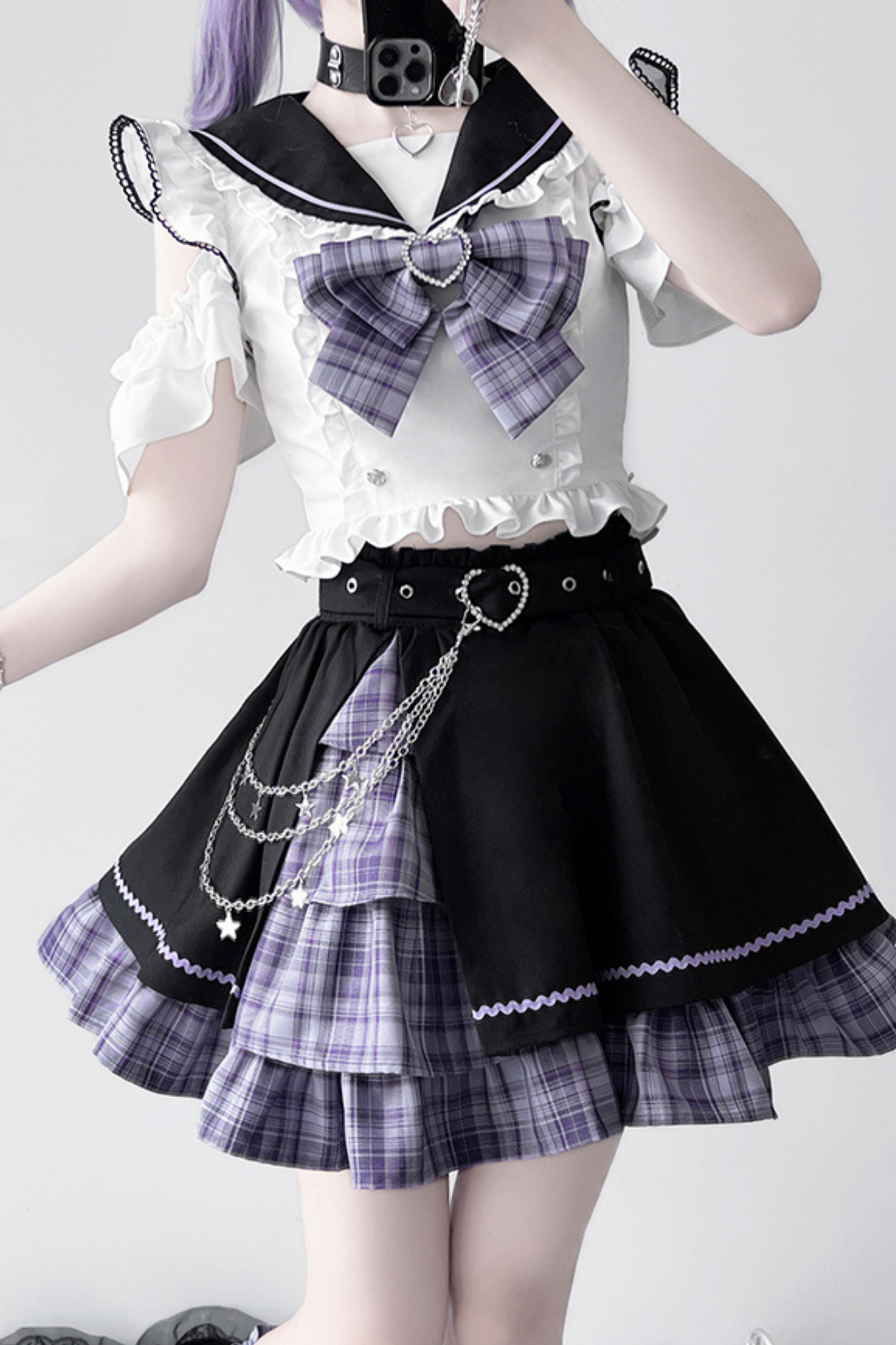 Set Sailor Flared Check Top + Skirt Mine