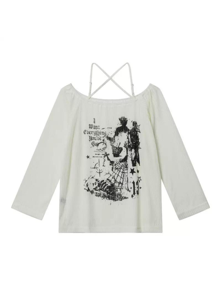 Anime Subculture Slim T Off-Shoulder Print Long Top