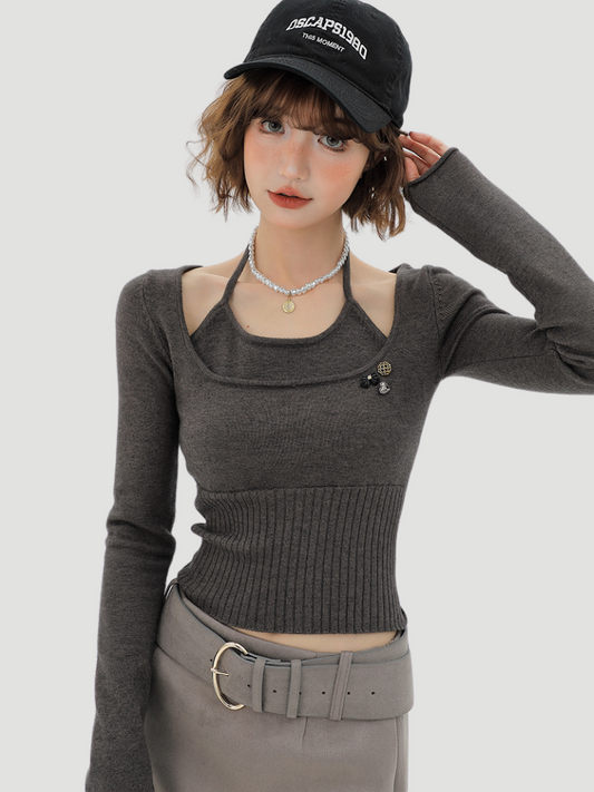 Top Halter Neck Slim Knit Piece Faux Ribbon Two