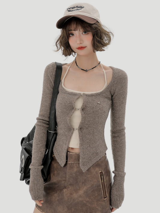 Cardigan Top Retro Suspender Slim Shiny American