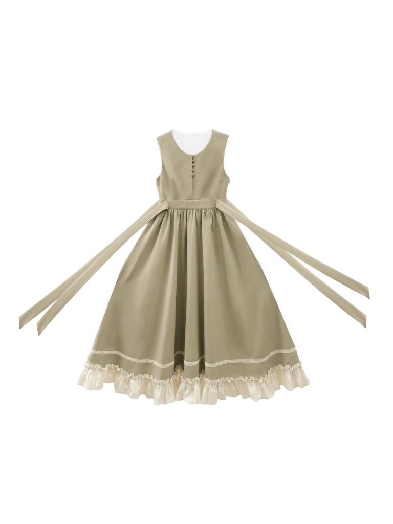 Robe française + rétro longue à volants gilet chemisier vert
