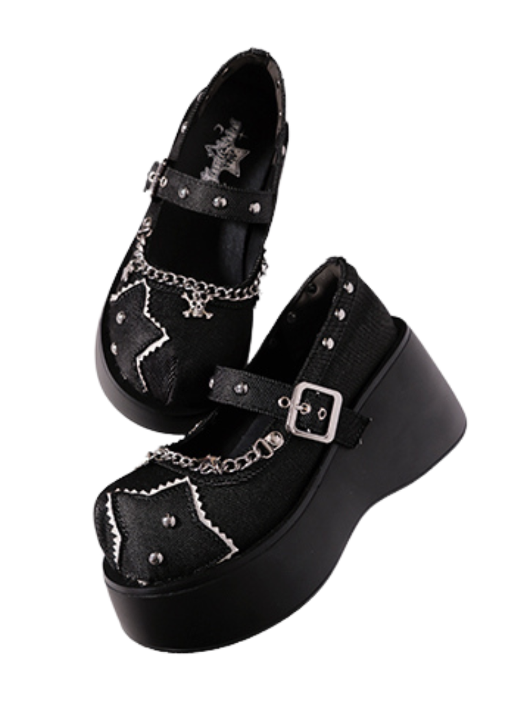 Buckle Star Toe Platform Denim One Punk Round Shoes