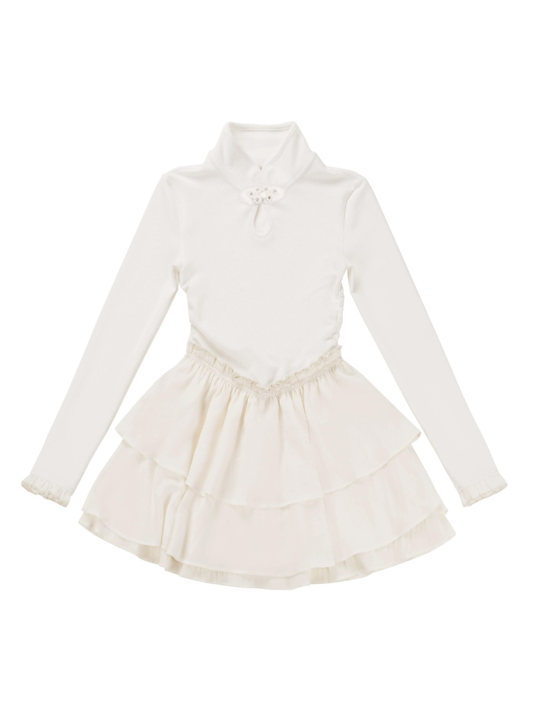 チャイナホイト ブラックニット スプリングウエスト フリル トゥルドレス