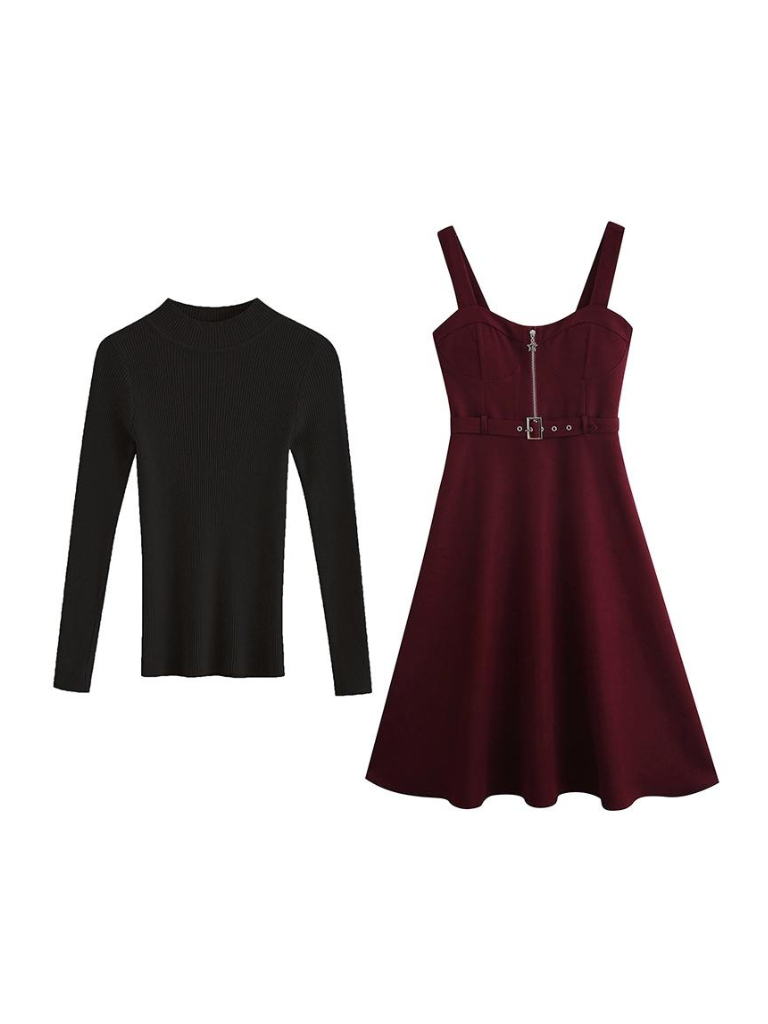 Slim Knit Retro Half + Suspender Turtleneck Skirt