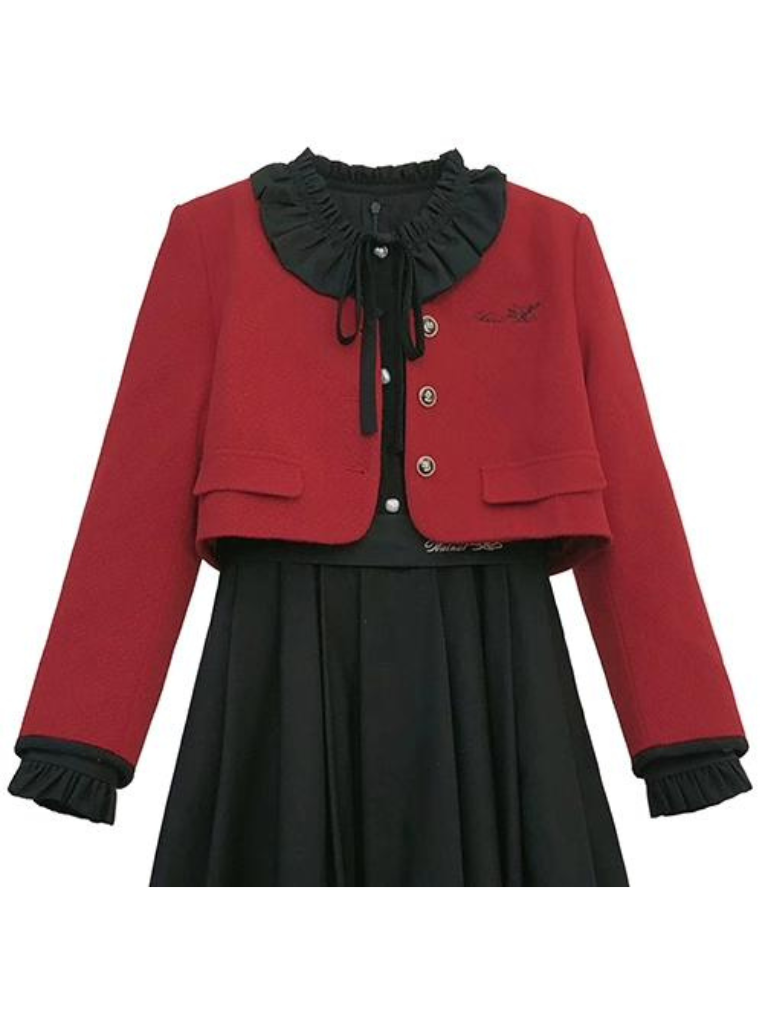Veste lanterne rouge, manches de costume élégantes, volants, cravate, robe courte noire, ruban, rétro