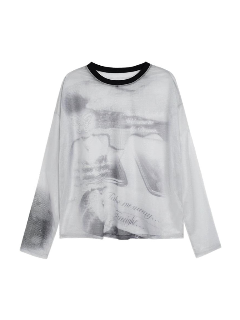 Sheer Print Gray Top Mode Mesh