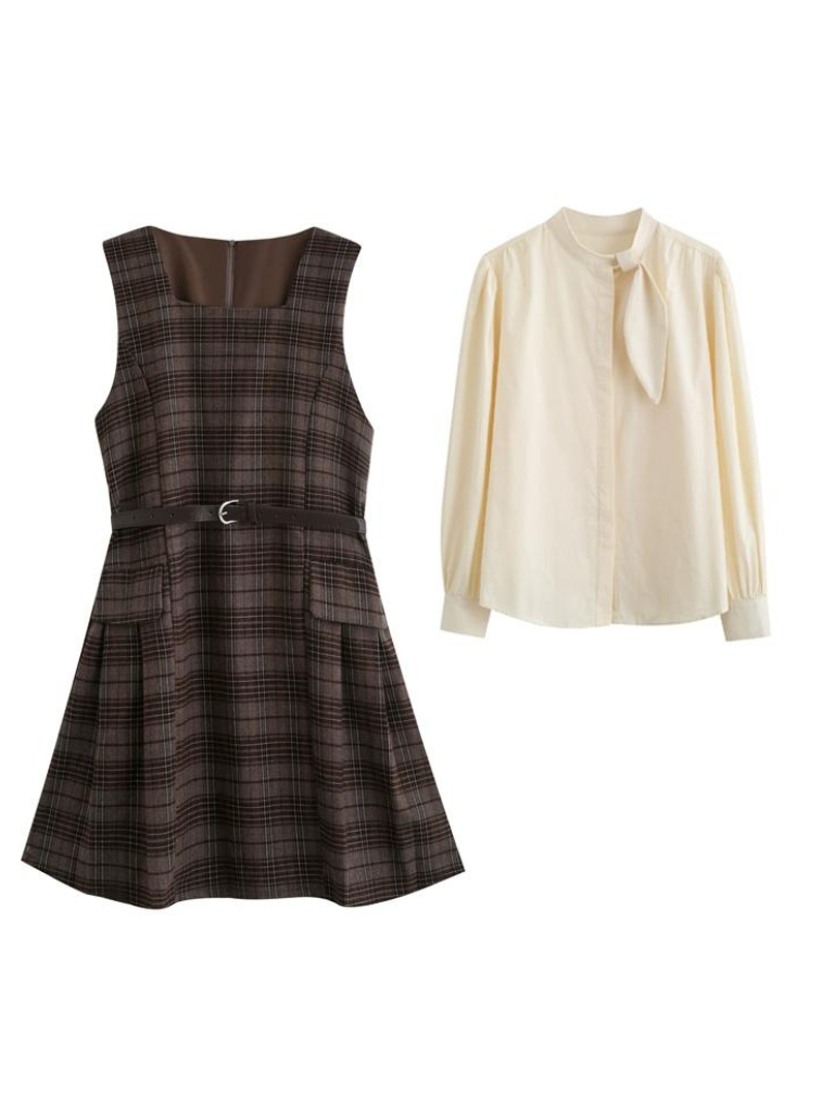 Checked Skirt Ribbon Shirt + Suspender