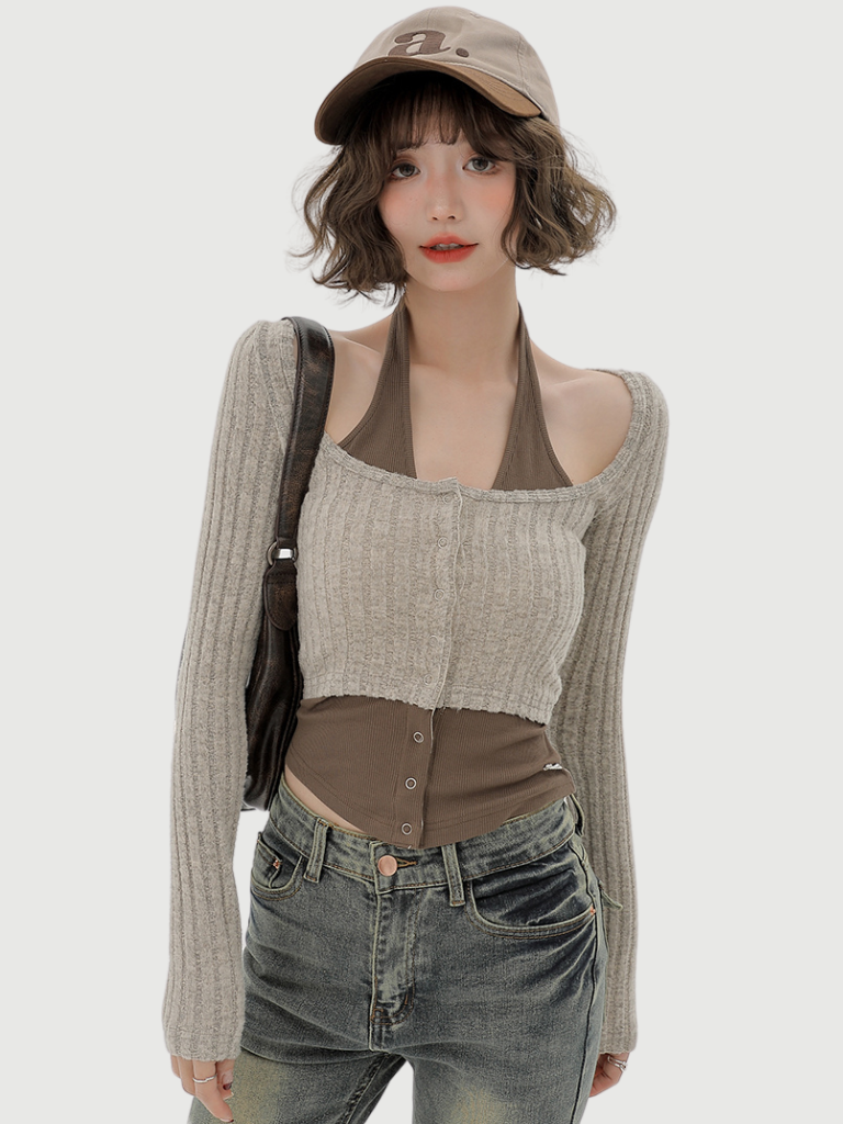 Neck Retro Piece Faux Slim Top Two American Halter