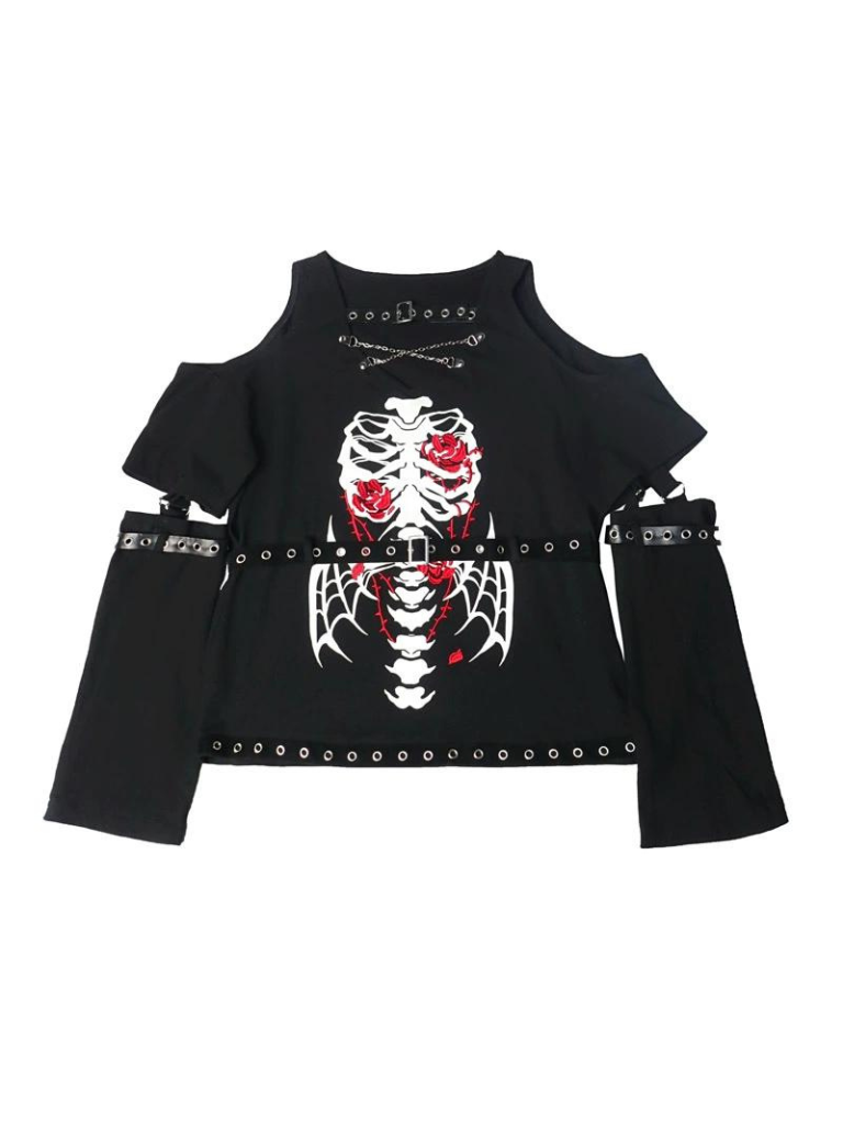 T-Shirt-Ärmel aus dunklem Leder mit Totenkopf-Knopf