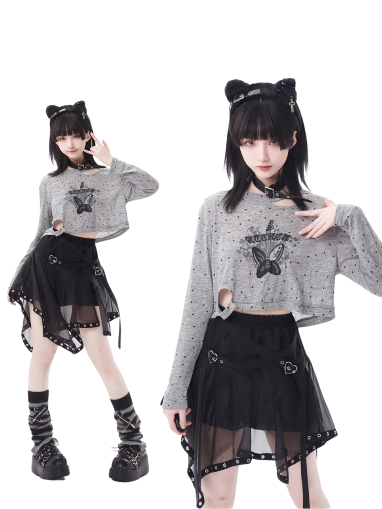 Drucken Sommer Kurzen Rock Unregelmäßigen Pullover Punk Hyde Tüll