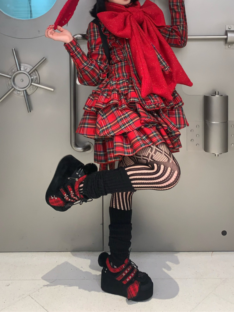 Bunny Schuhe Dunkelrot Kariert Rot Alle Plateau
