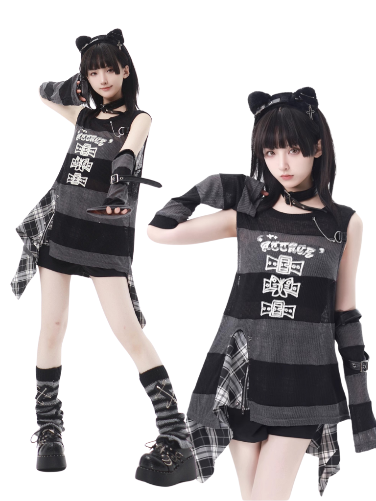 Ensemble gilet à carreaux d'époque + jupe rayée + sans manches + manches rythmées