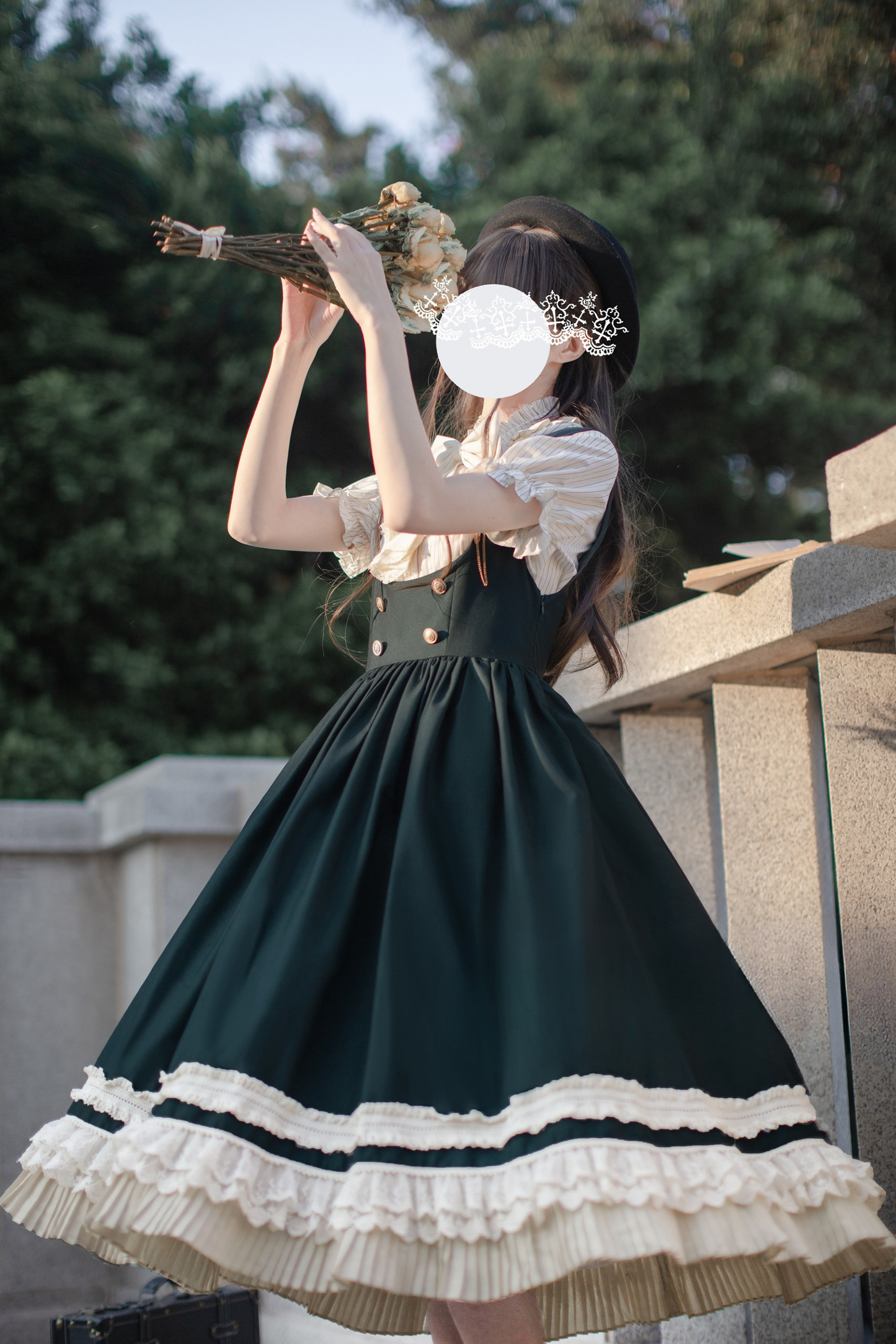 skirt vest big shirt + college brooch Western-style ribbon puff sleeve