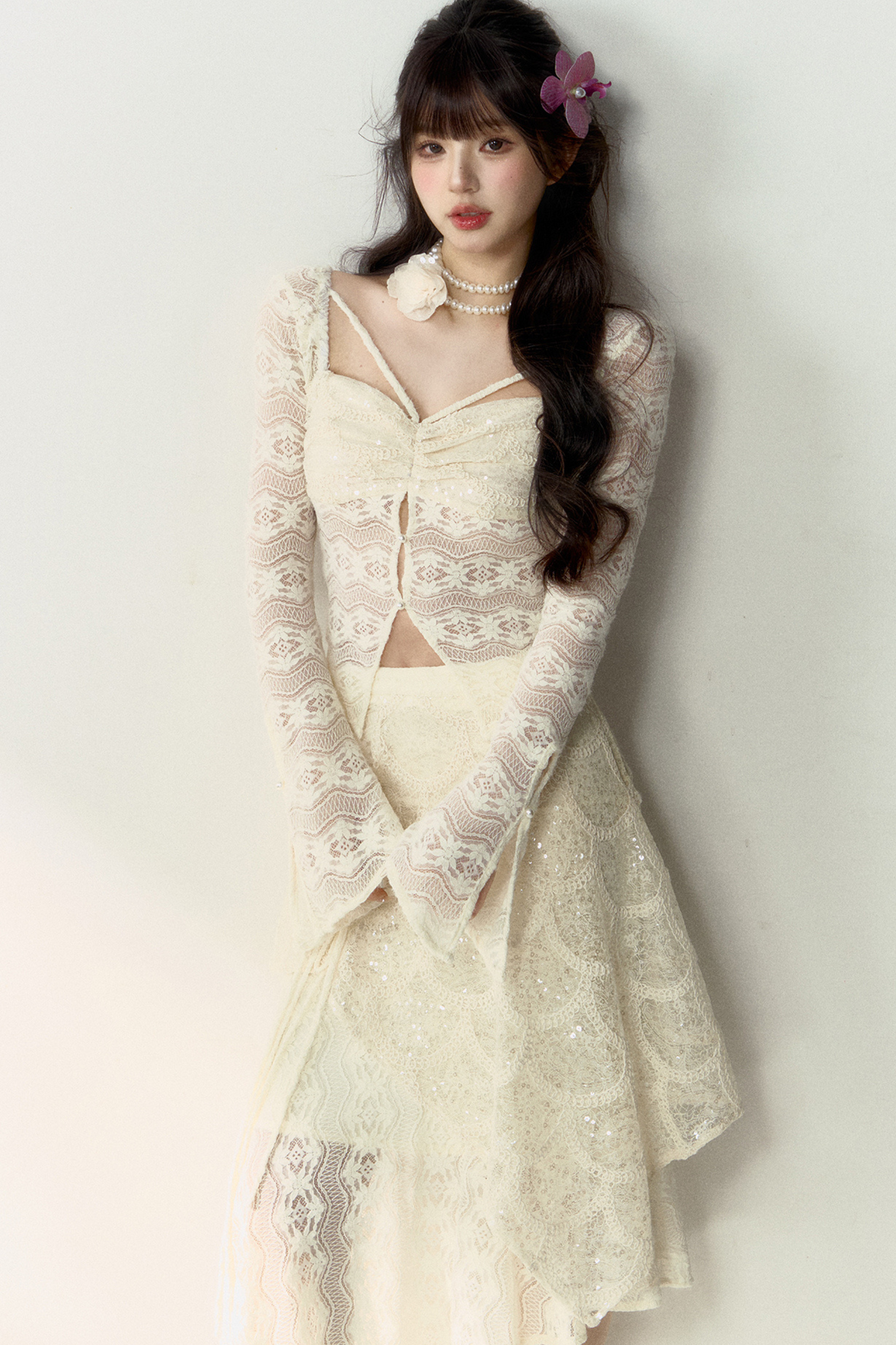 Shiny Top Sheer + French Asymmetrical Skirt Lace