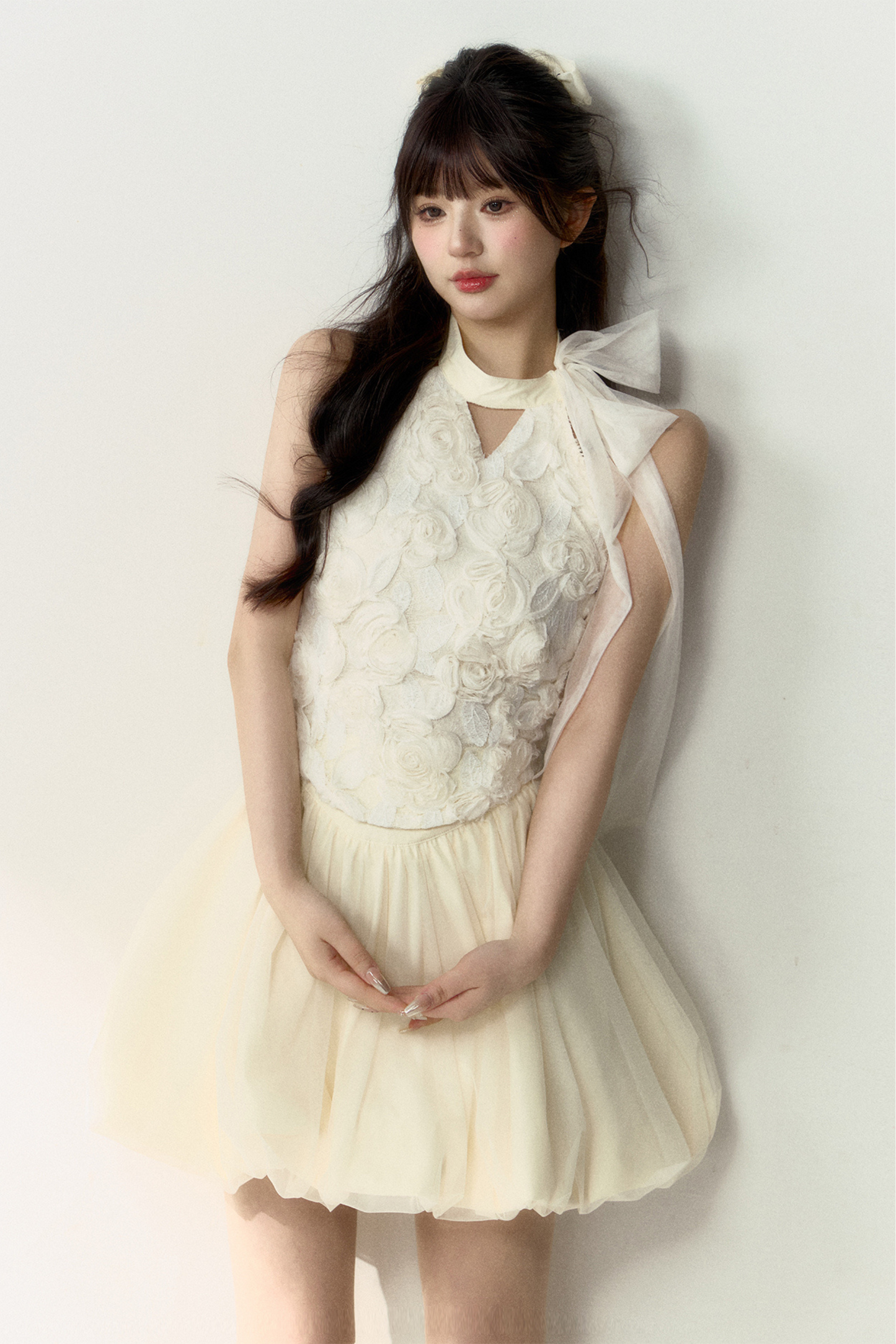 Long + Sweet Sleeveless Short Flower French Skirt Balloon Top