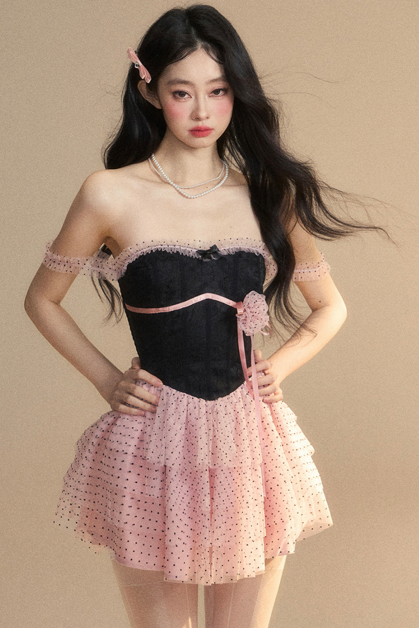 Top Lace Pink Tube Black Dress