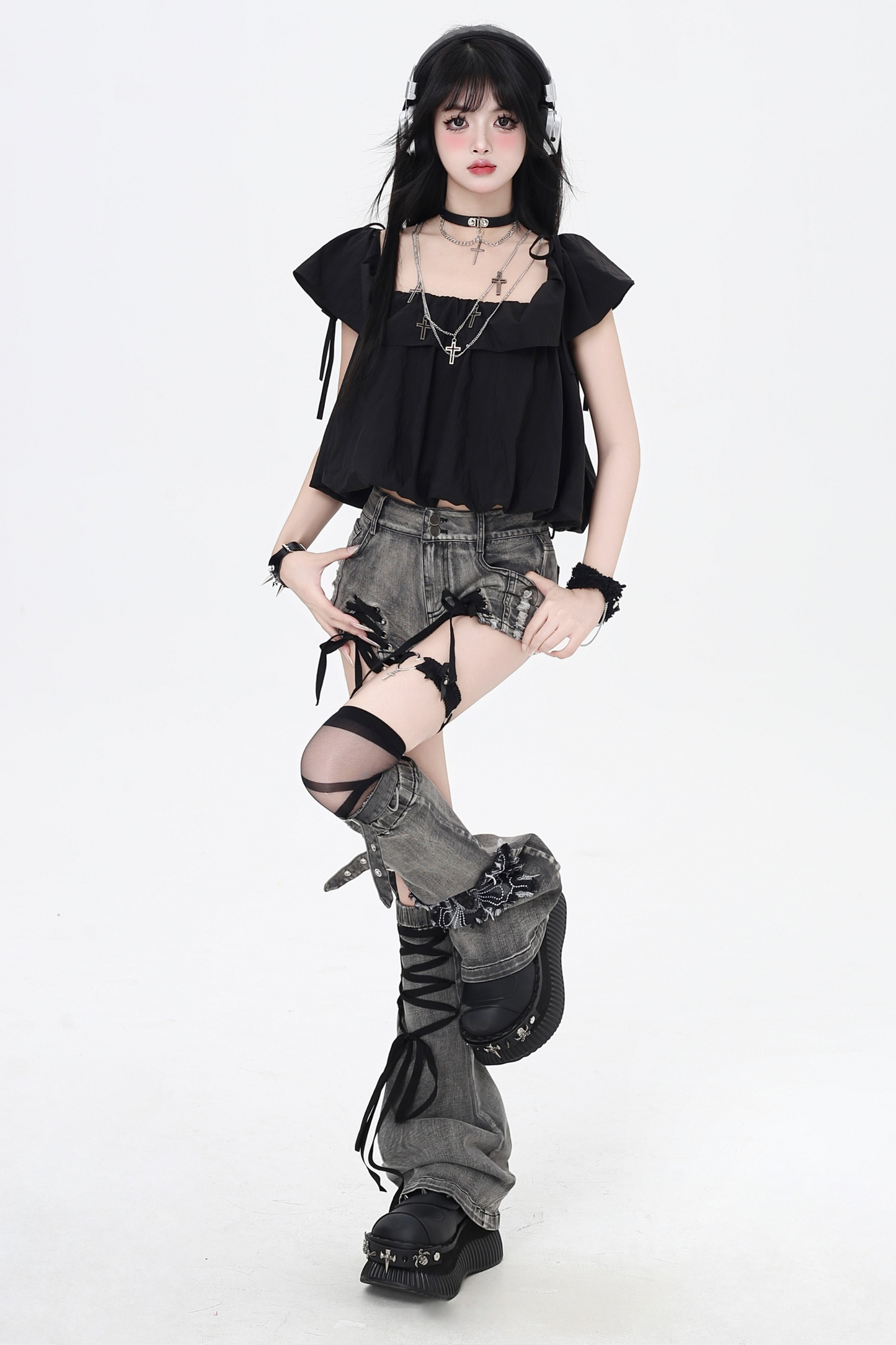 shorts Colored ribbon denim lace-up