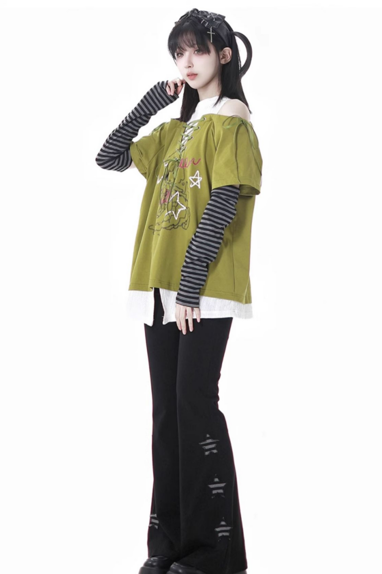 Lace-Up Flared Pants Illustrated Top Subculture + Girl