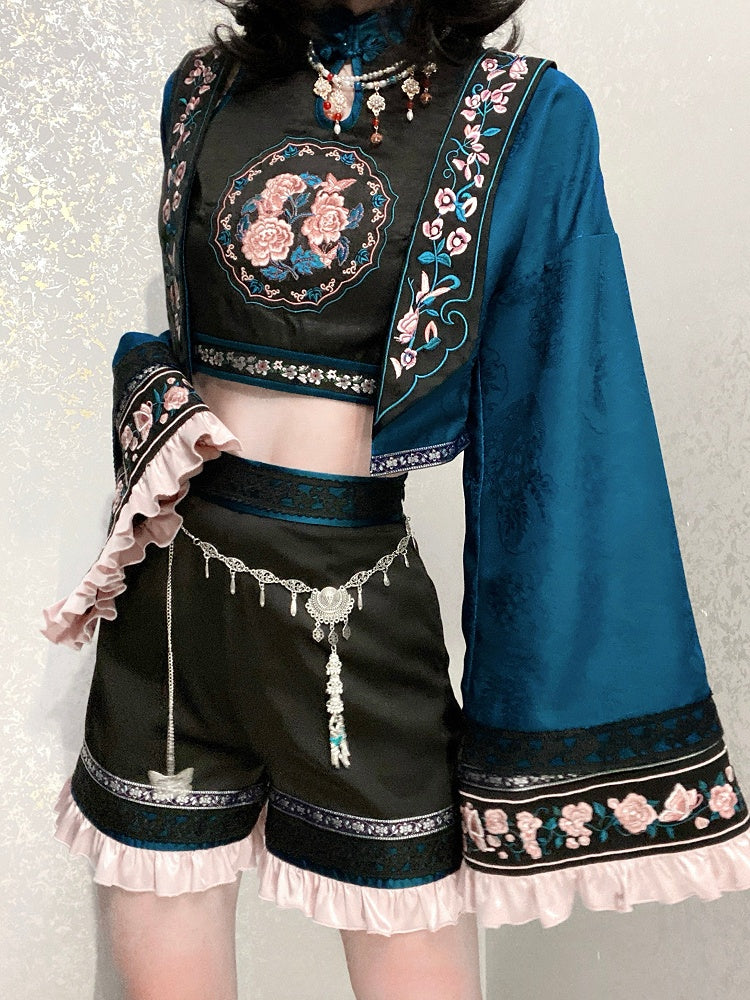 Blue Cuffs Sleeves Embroidery Dark Long Floral Ruffled Pink with Ouji Top Lolita