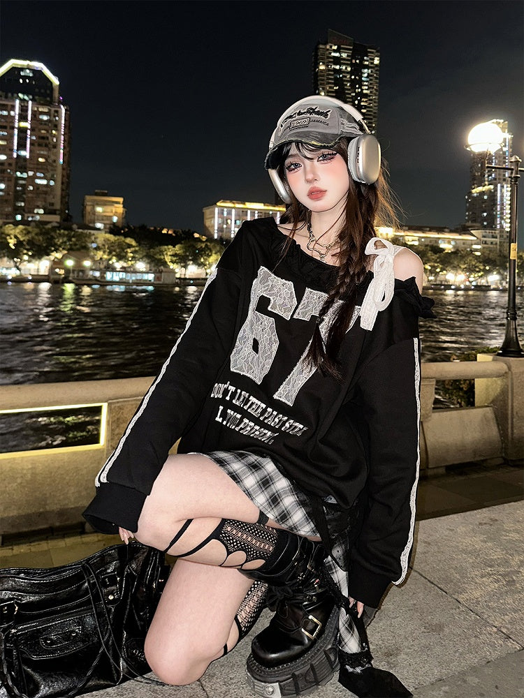 Black One-Shoulder Sweatshirt with Lace Applique and Embroidered Details