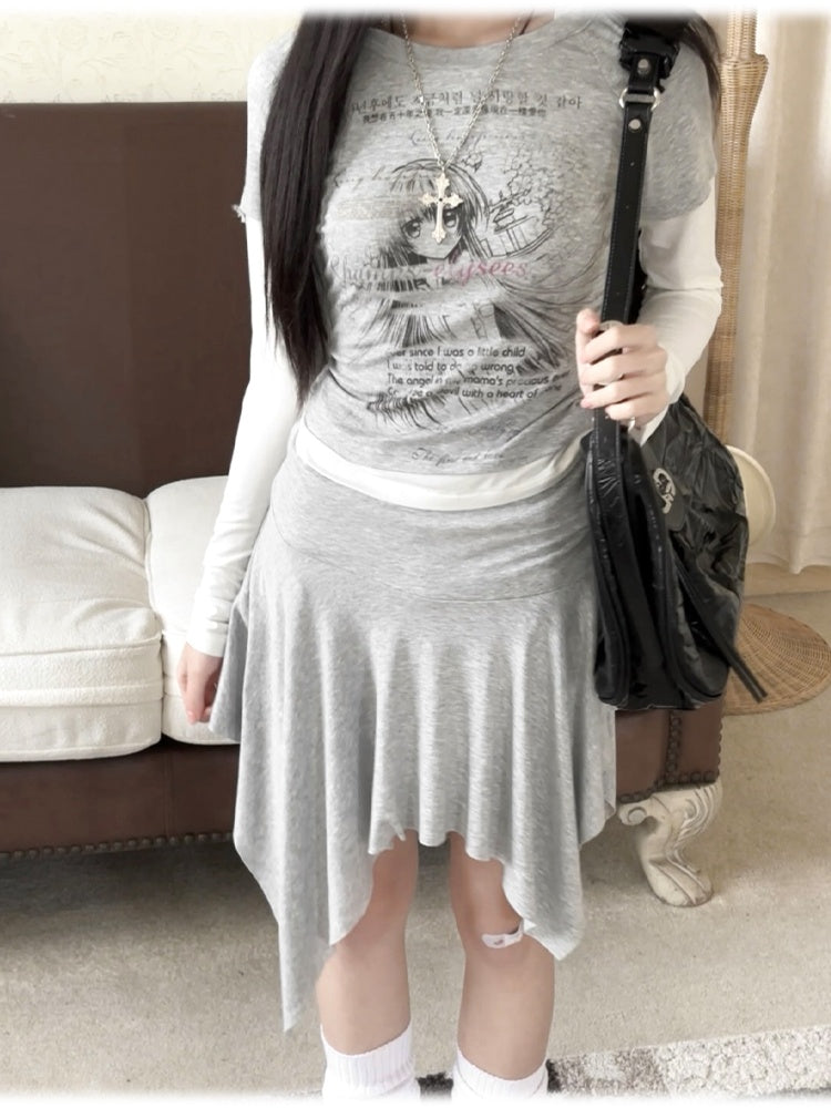 Grey Cartoon Top/Asymmetrical Two-pieces Hooded Hem Skirt Girl Print Faux