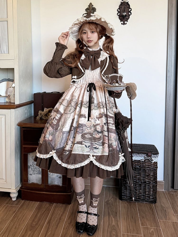 Fake Pieces Design Coffee Creamy Lolita House Print Dress Sleeves Long Teddy Two
