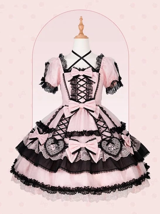 Embroidery Black Accents Bunny and Dress Lolita Heart Bow Pink Applique Sweet