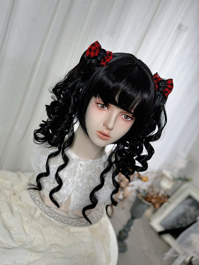 Wigs 48cm Bangs Two + Black Curly With Length Claw Ponytails