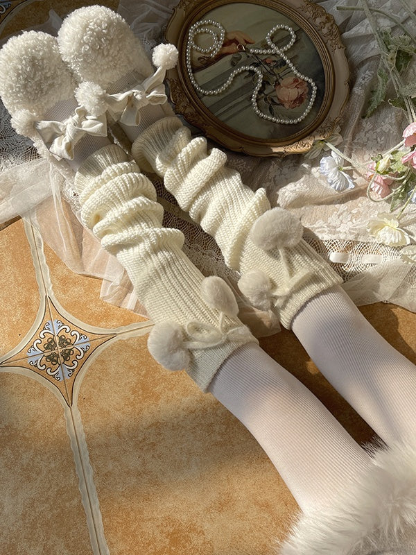 White Sweet Knitted Leg Warmers With Heart-shaped Pompons