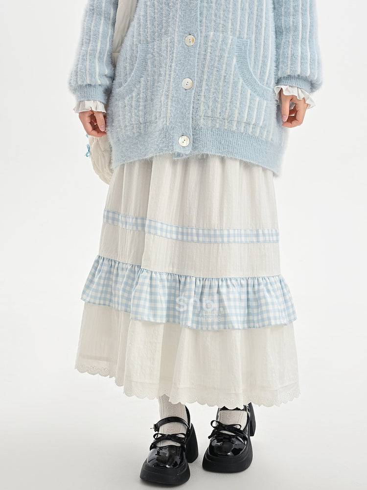 White High Waist Lace Trim Sweet Skirt Plaid Patchwork