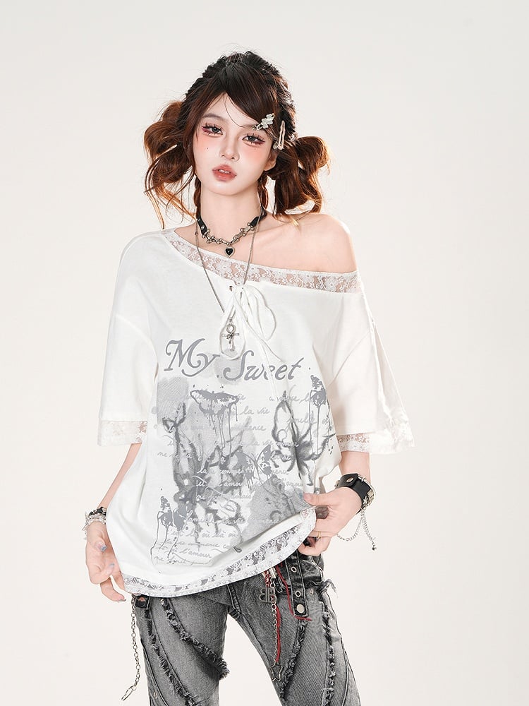 Loose Asymmetrical Neckline Lace Trim Butterfly Print Black/White T-shirt